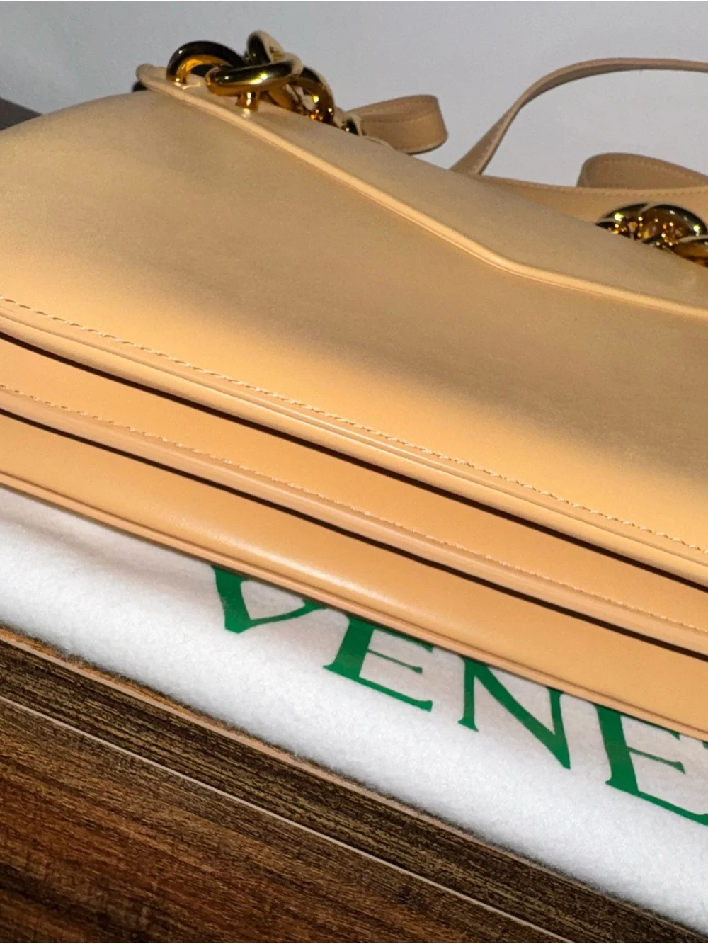Bottega Veneta Beige Leather Shoulder Bag with Bold Gold Chain
